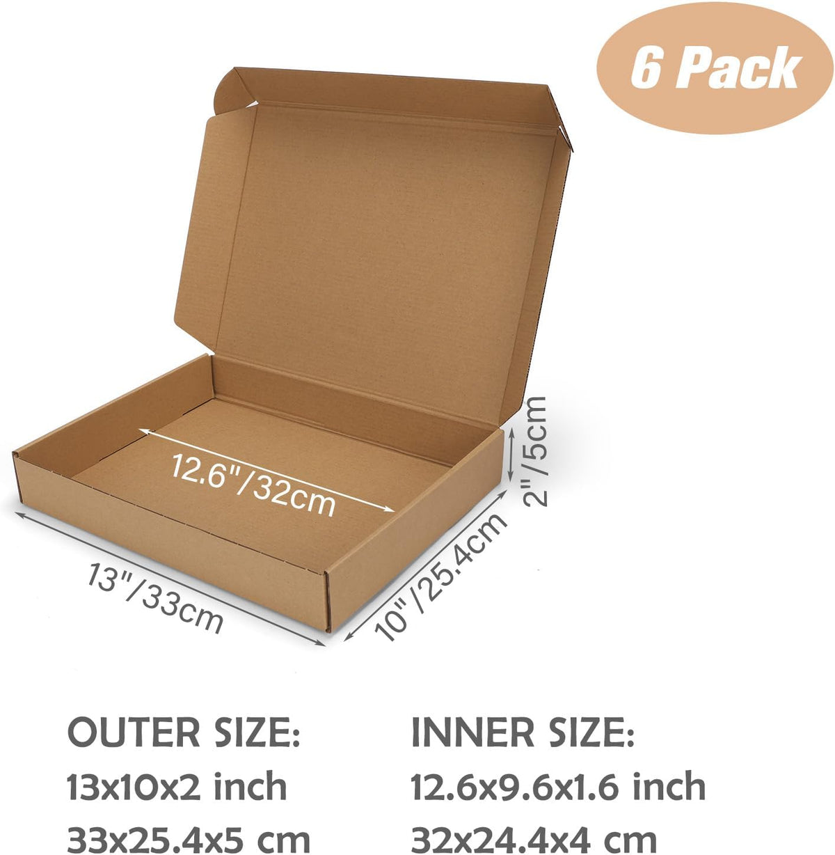 13x10x2 inch Cardboard Shipping Box, Set of 6 Mailer Boxes, Brown