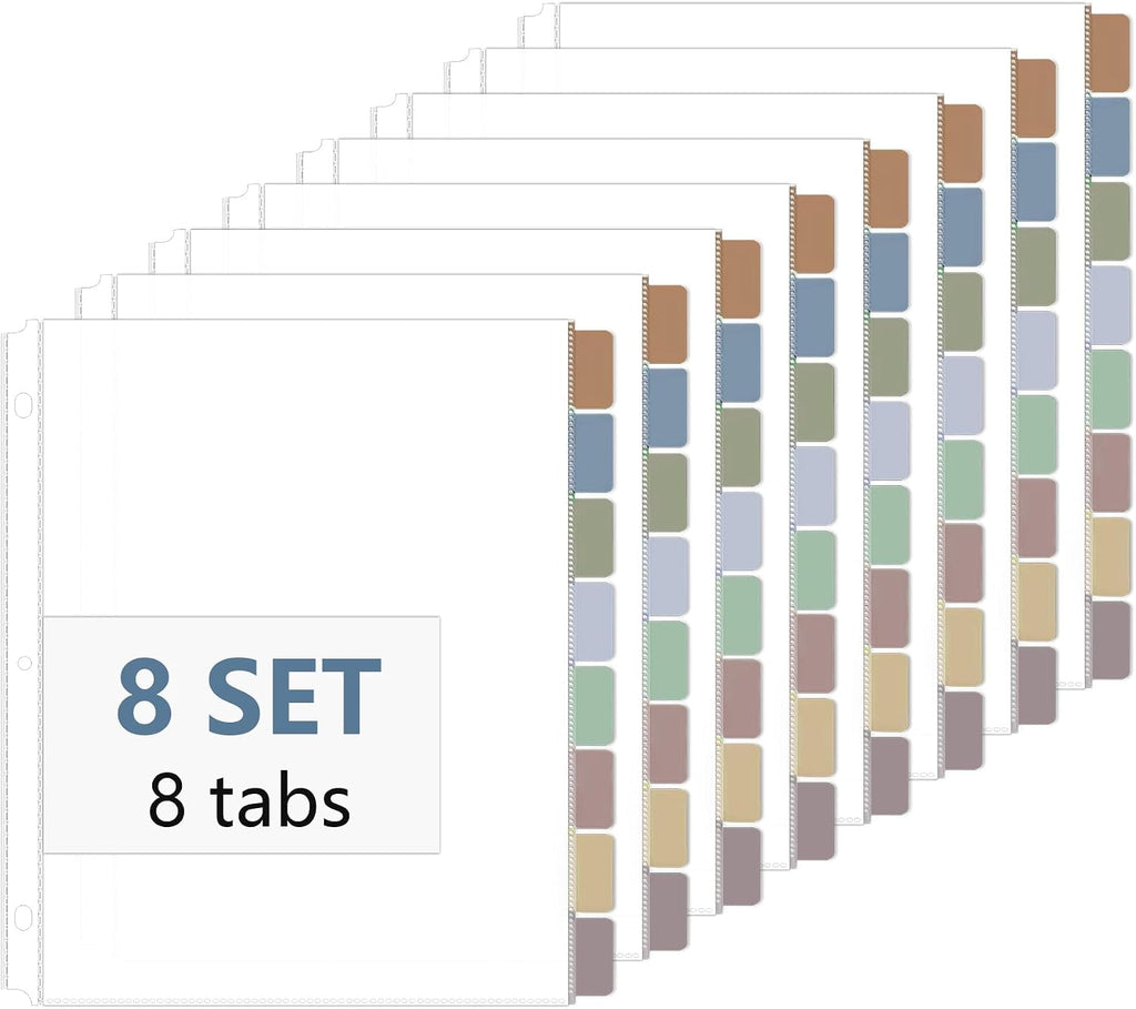 8 Set of 64 Pack Clear Binder Sheet Protectors for 3 Ring Binder Plastic Page Protector with 8 Tabs,Insertable Index