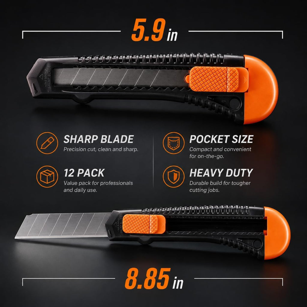 12-Pack Utility Knife, Retractable Box Cutter for Cartons, Cardboard and Boxes, 18mm Wider Razor Sharp Blade, Smooth