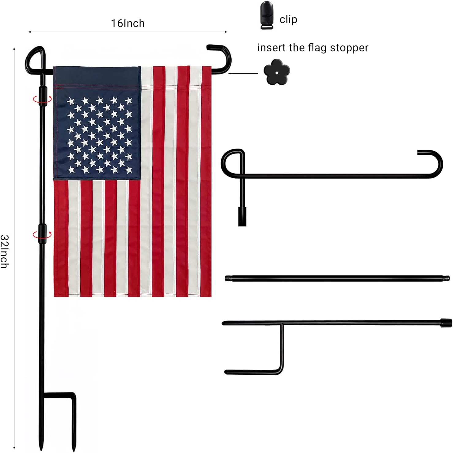 Embroidered American Garden Flag with Stand Holder, 12x18 inch American USA Garden Flag for Outside Yard Heavy Duty