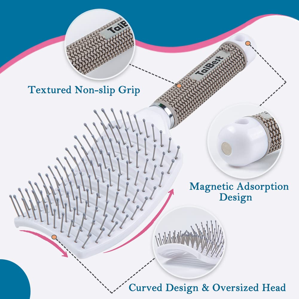 Boar Bristle Hair Brush Set - Dry/Wet Hair Brushes Detangler for Fine, Thick, Curly Hair - Curved and Vented Hair