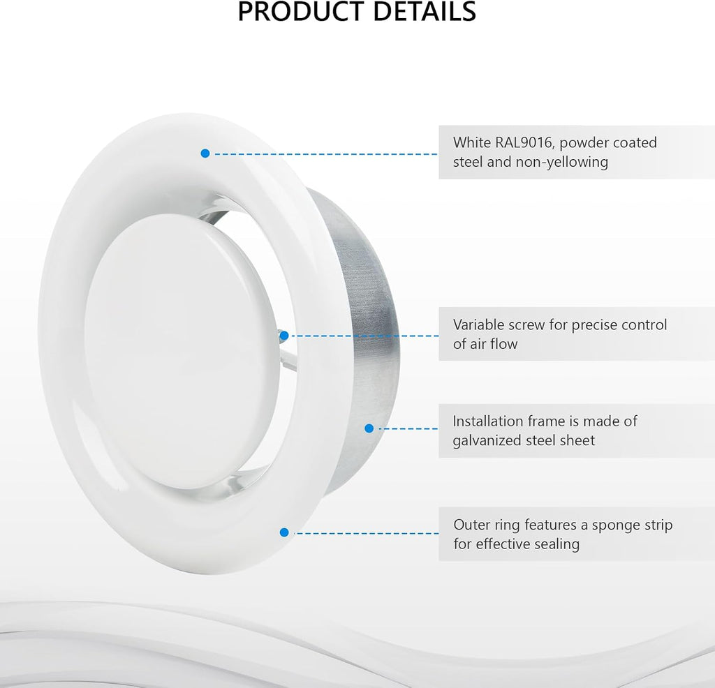 6-Inch Round Ceiling Air Vent Cover Exhaust Diffuser White | Steel Adjustable HAVC Airflow Valve for Home Wall