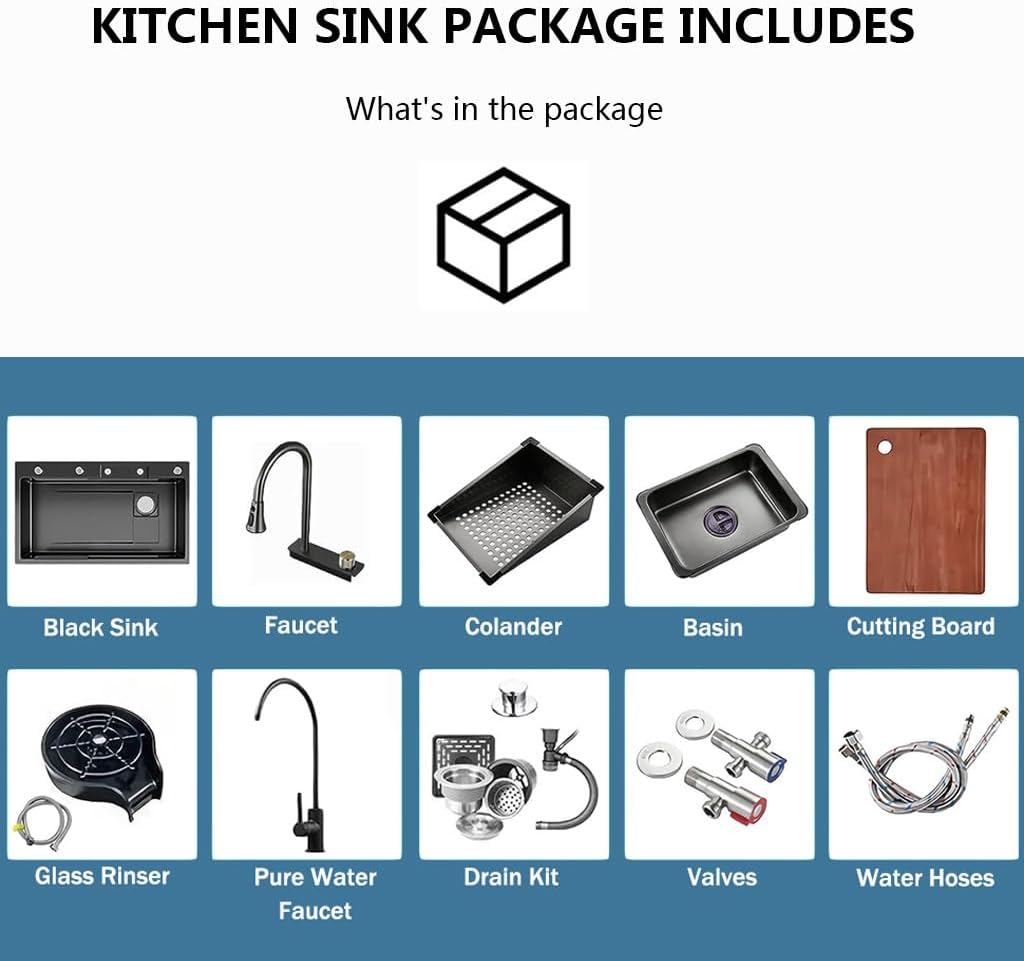 Black Waterfall Kitchen Sink, Drop in Single Bowl Stainless Steel Bar Sink with Cup Washer Sinks, Topmount