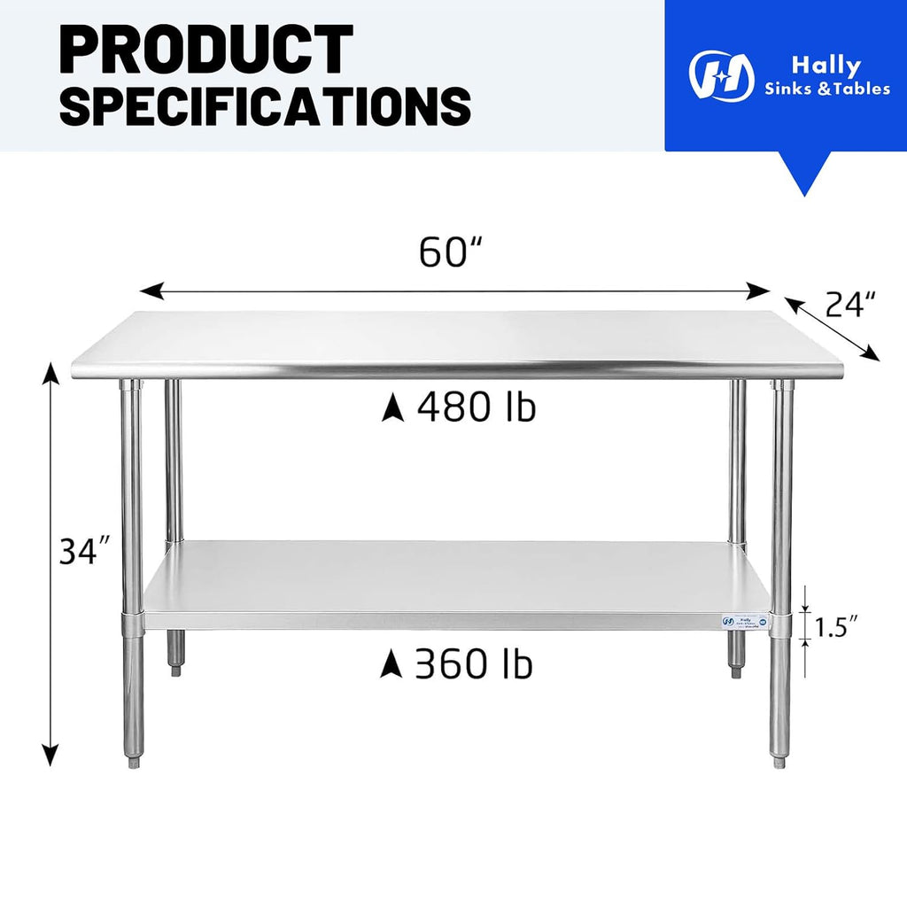 Hally Stainless Steel Table for Prep & Work 24 x 60 Inches NSF Commercial