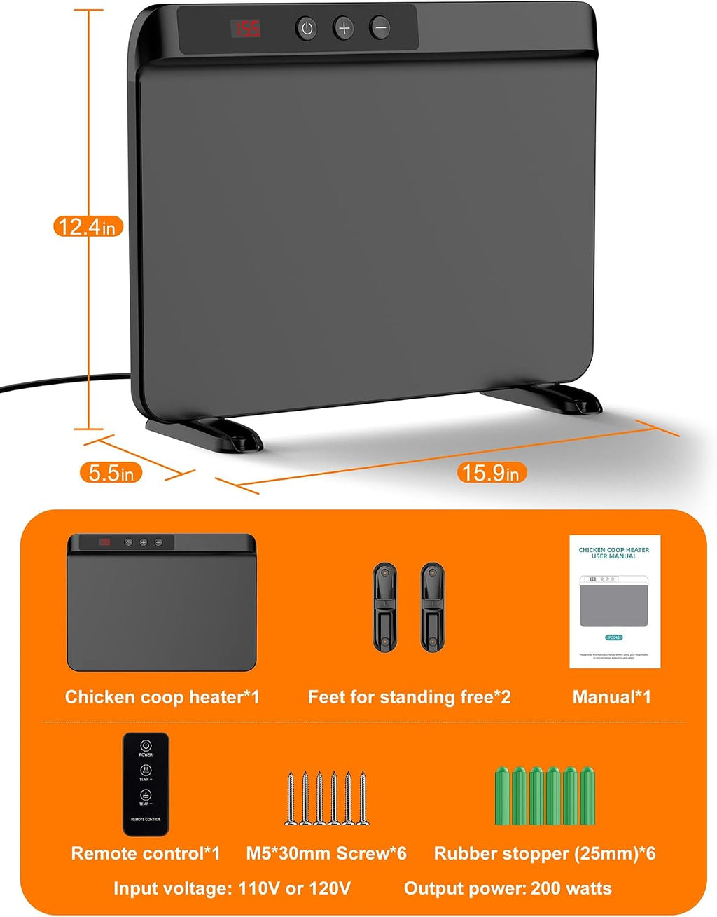 200W Chicken Coop Heater Compatible with Timers & Temp Controllers