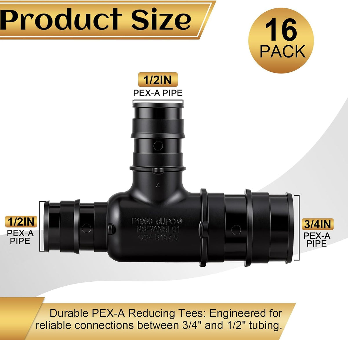 16 Pack 3/4 x 1/2 x 1/2 Inch PPSU PEX-A Expansion Fittings