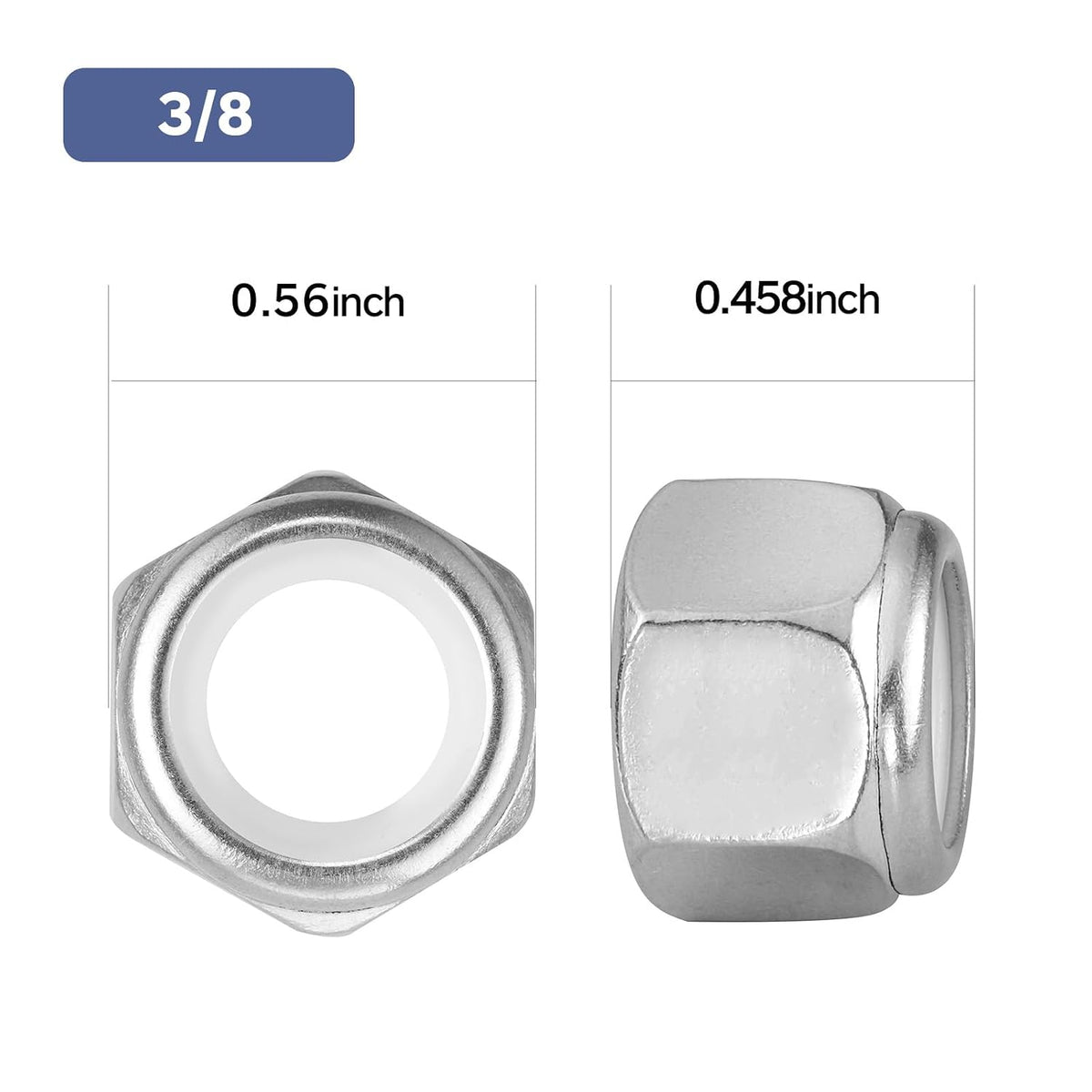 10Pcs 3/8-16 Lock Nuts, Nylon Insert Locknuts 304 Stainless Steel 18-8 SS Self-Locking Nuts, Coarse Thread Hex Nylock Nut