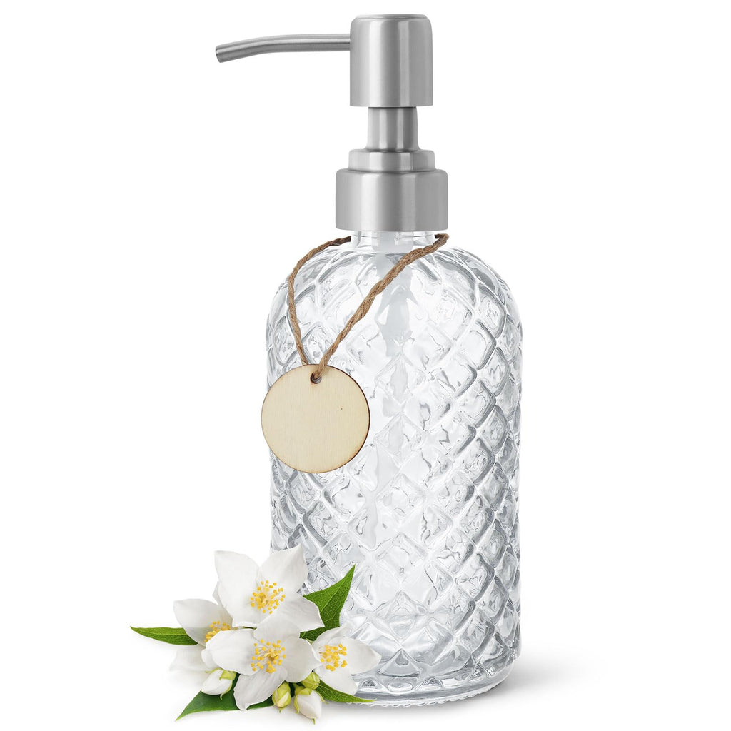 Gem-Patterned Glass Soap Dispenser with Rust Proof Stainless Steel Pump-13 oz Liquid Hand Soap Dispenser for Kitchen
