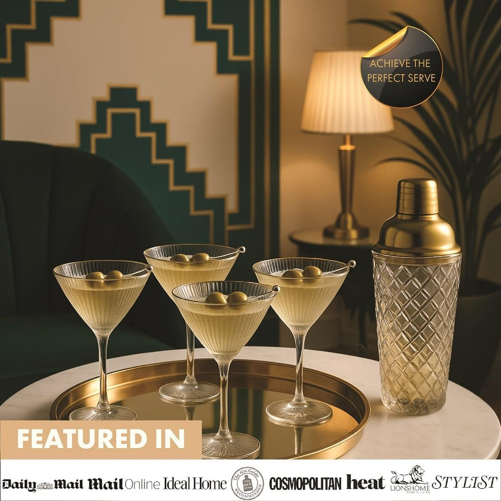 Gold Cocktail Shaker Set + 2 Ribbed Martini Glasses & Bar Tools