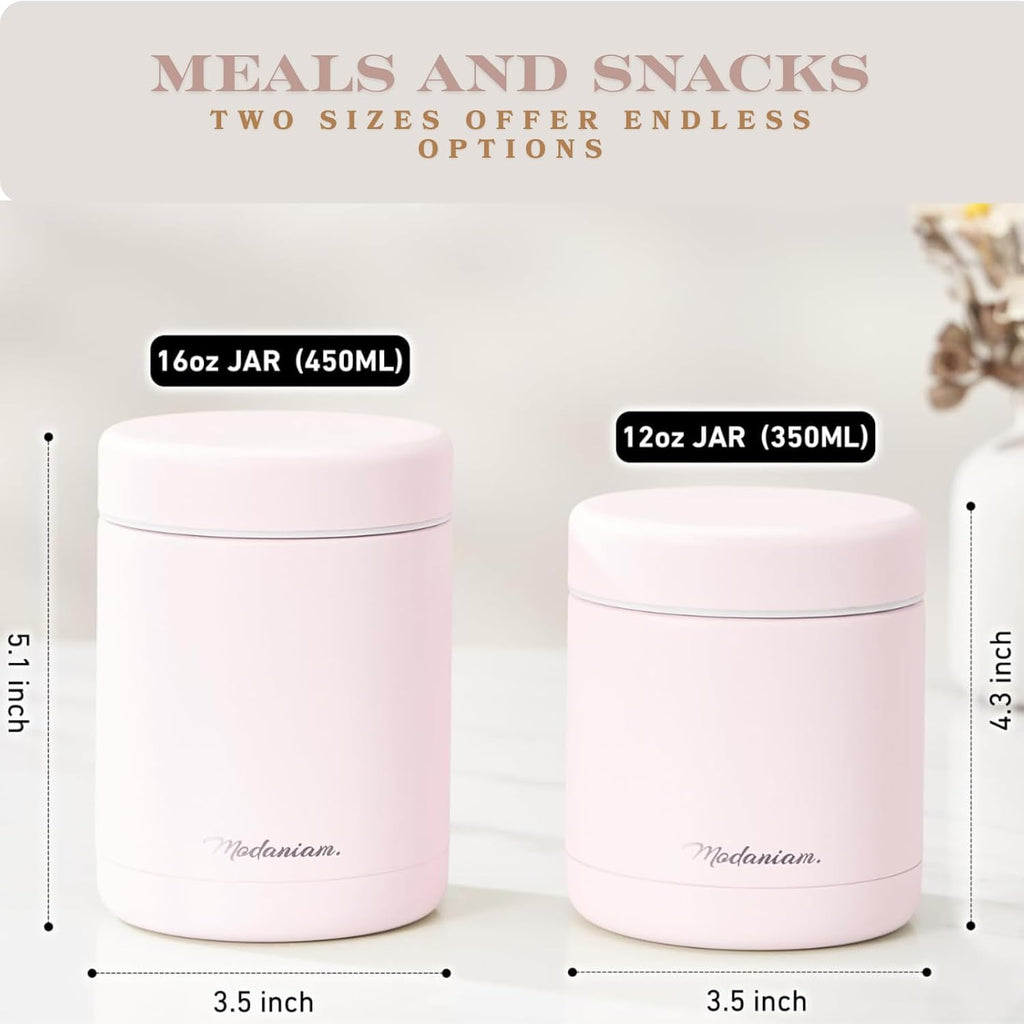 Stainless Steel Insulated Food Jar Set of 2 (16oz + 12oz), Wide Mouth, Soup Thermo for Hot Food, Lunch Container