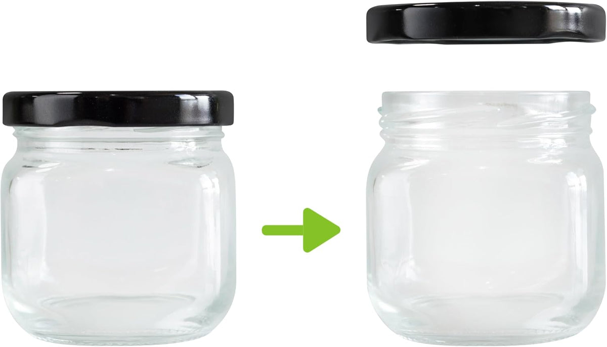 6oz Square Round Glasss Jar with Black Lug Cap, pack of 6