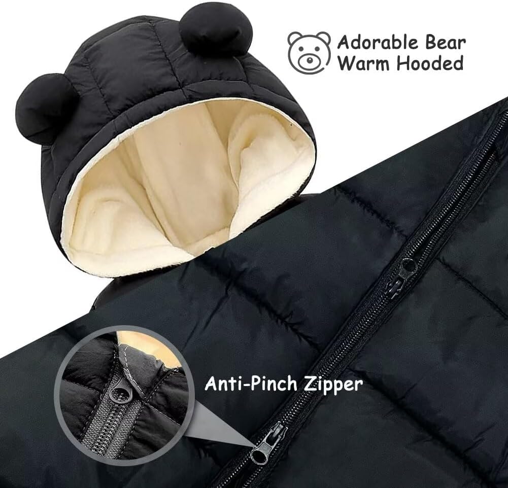 Baby Boys Girls Snowsuit Newborn Cozy Winter Coat Infant Bear Hooded Jumpsuit Toddler Snow Outfit for 0-24 Months