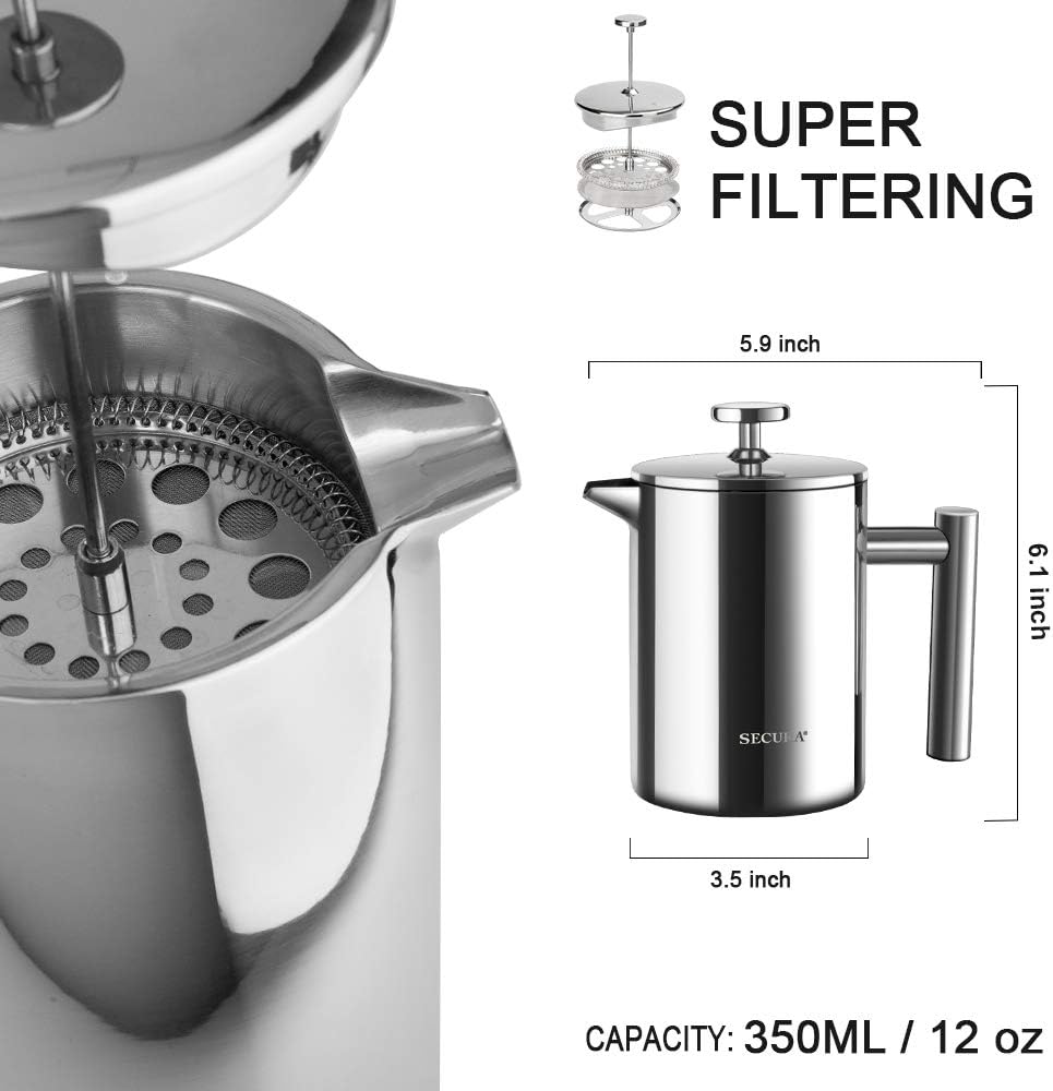French Press Coffee Maker, 304 Grade Stainless Steel Insulated Coffee Press with 2 Extra Screens, 12oz (0.35 Litre)