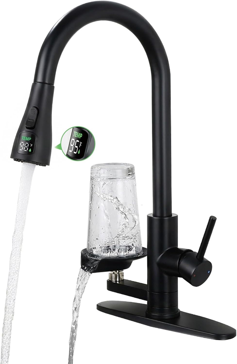 Pull Down Kitchen Faucet with Glass Rinser & Temp Display, Matte Black