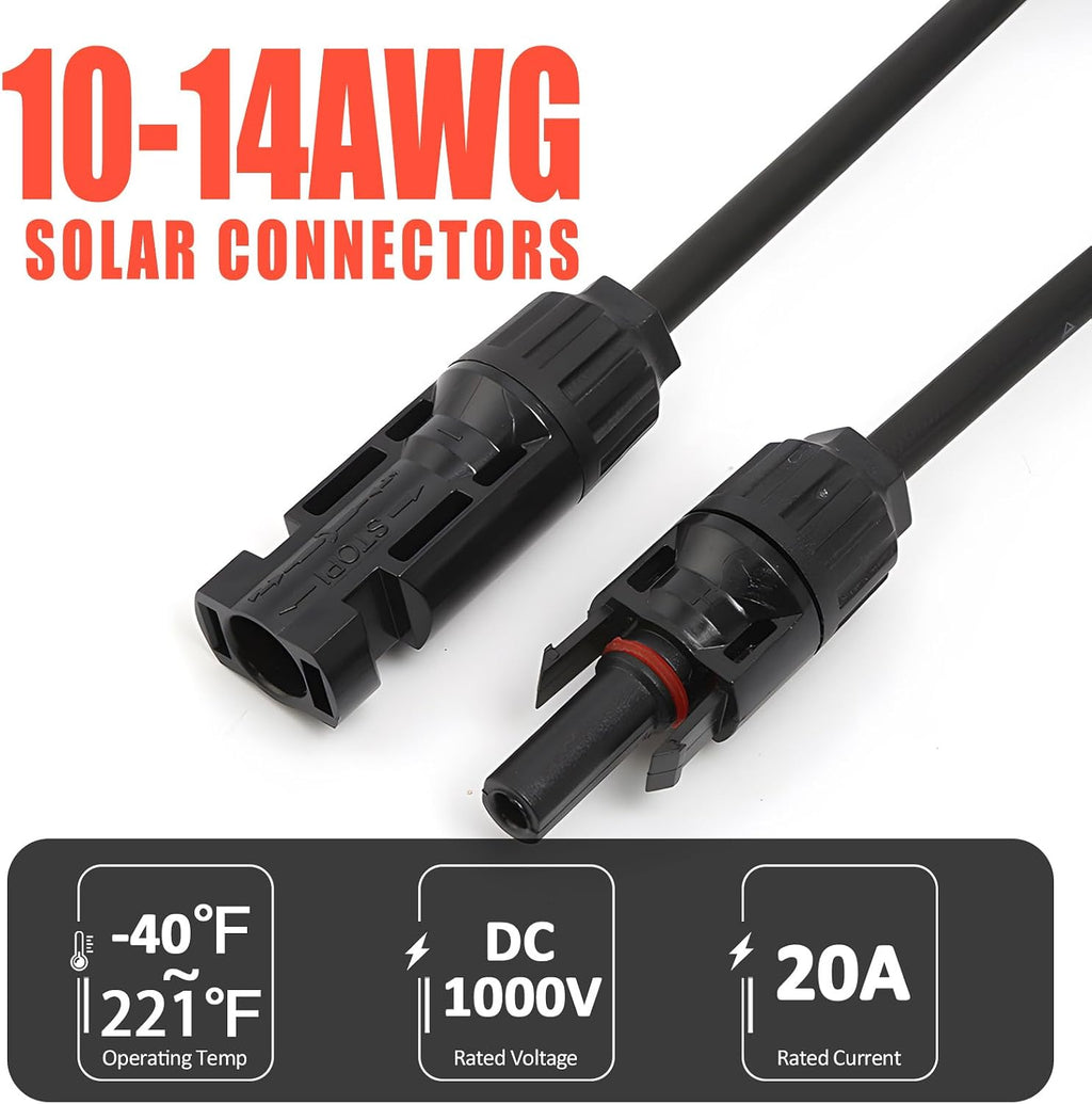 10FT 10AWG Solar Extension Cable with Female and Male Connector with Extra Free Pair of Solar Y Connector Adaptor Kit