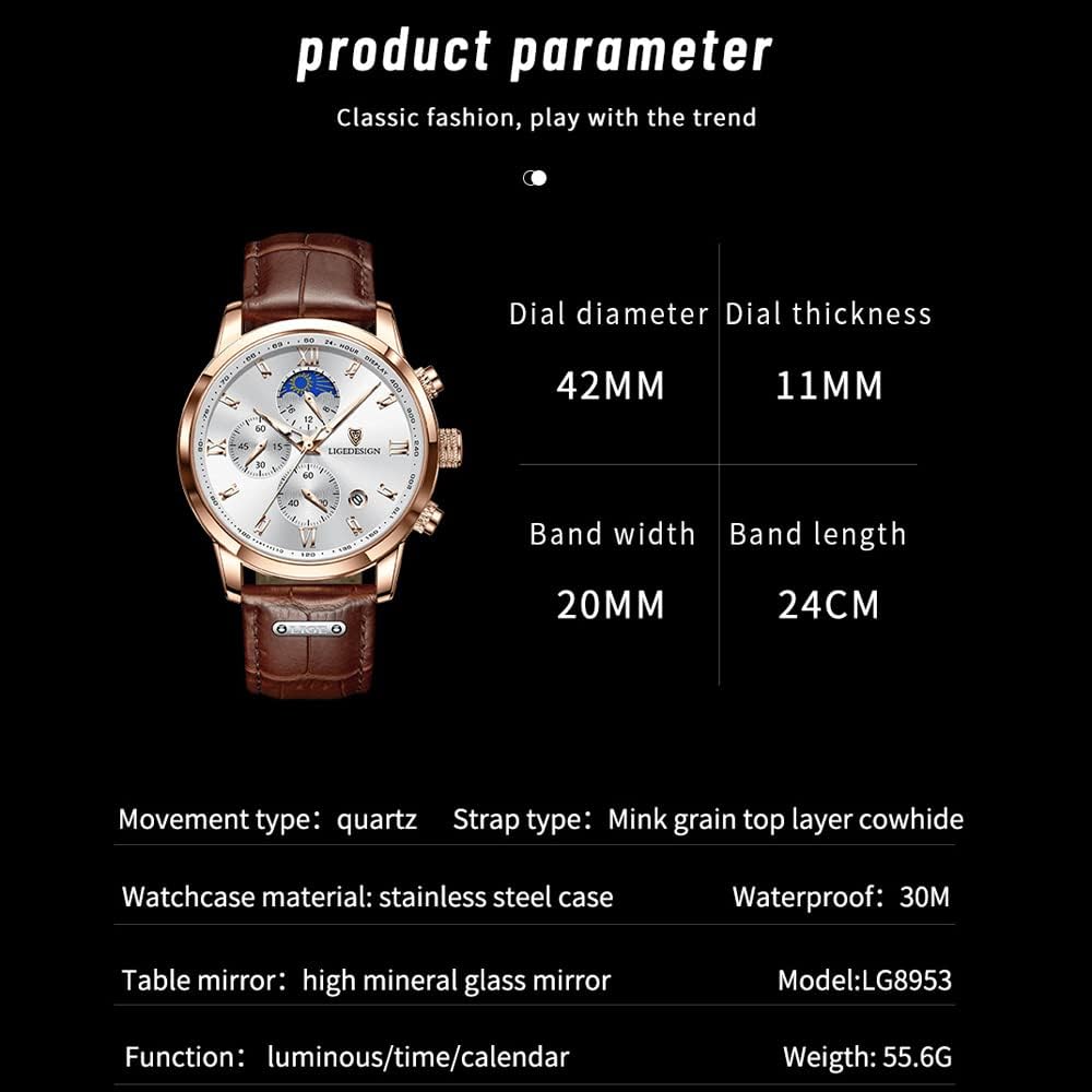 Men Casual Waterproof Roman Numerals Leather Band Analog Quartz Wristwatches with Chronograph Calender Business Watch