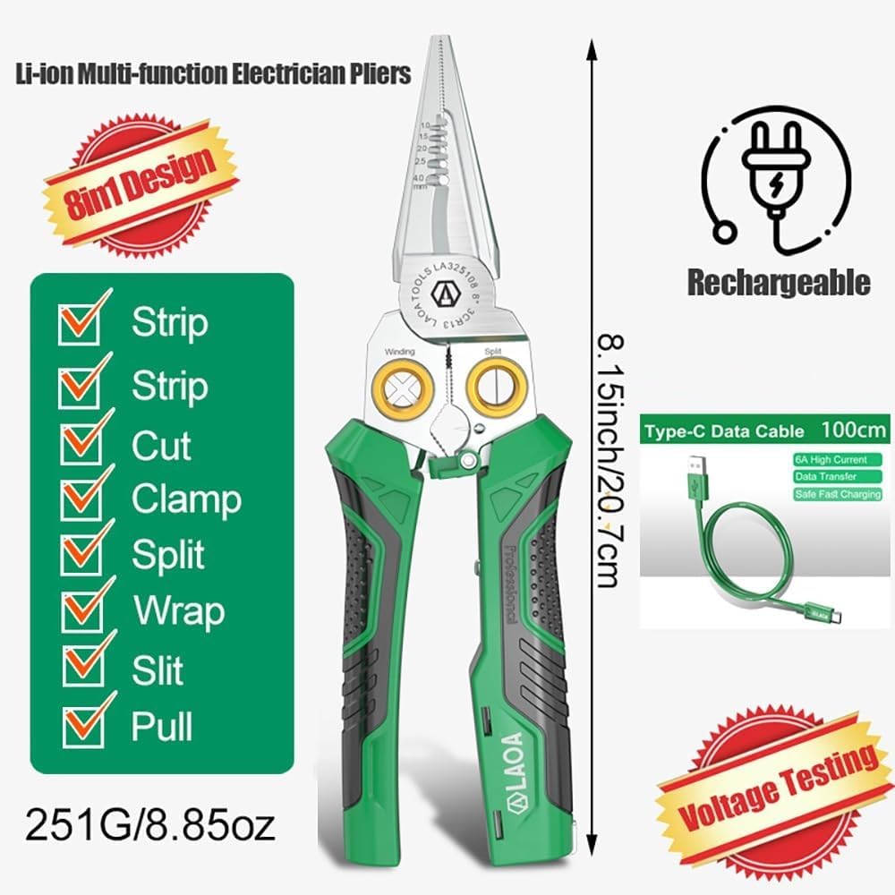 Wire Stripper Tool with Voltage Tester, 8-in-1 Electrician Pliers with Wire Cutter, Cable Splitter, Wire Puller and