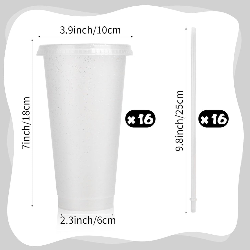 16 Pieces Reusable Cups with Lids and Straws, 24 oz Glitter Plastic Tumbler Iced Coffee Cups Travel Mug Cup for