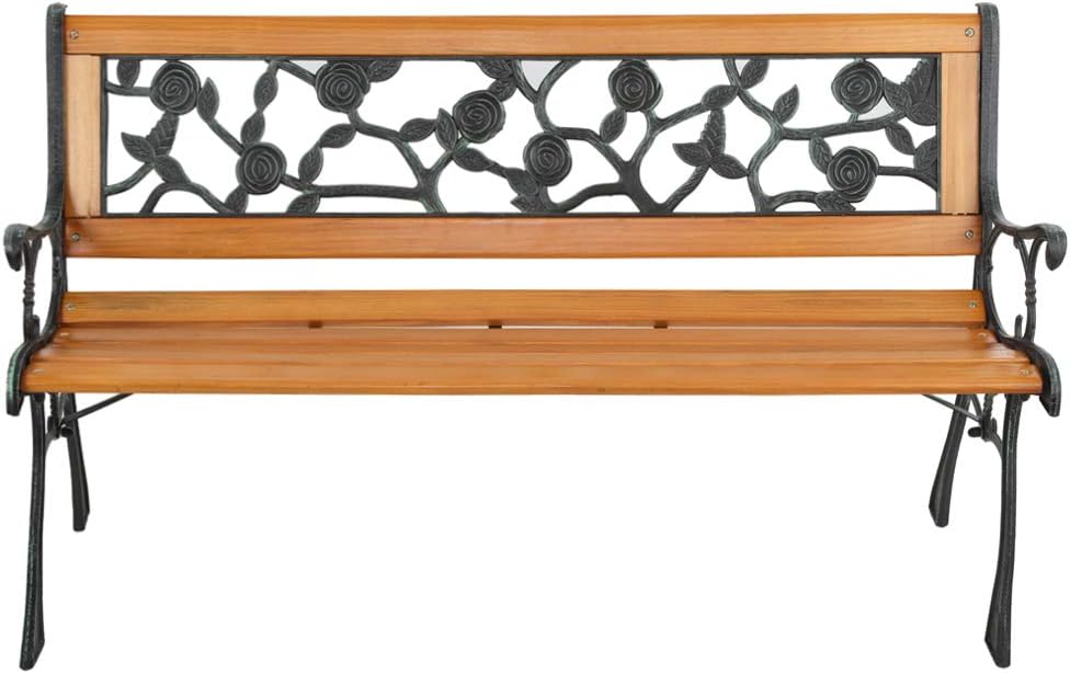 Outdoor Hardwood Garden Bench 49-Inch Patio Park Bench Elegant Porch Deck Loveseat w/Cast Iron Frame and Rose Pattern