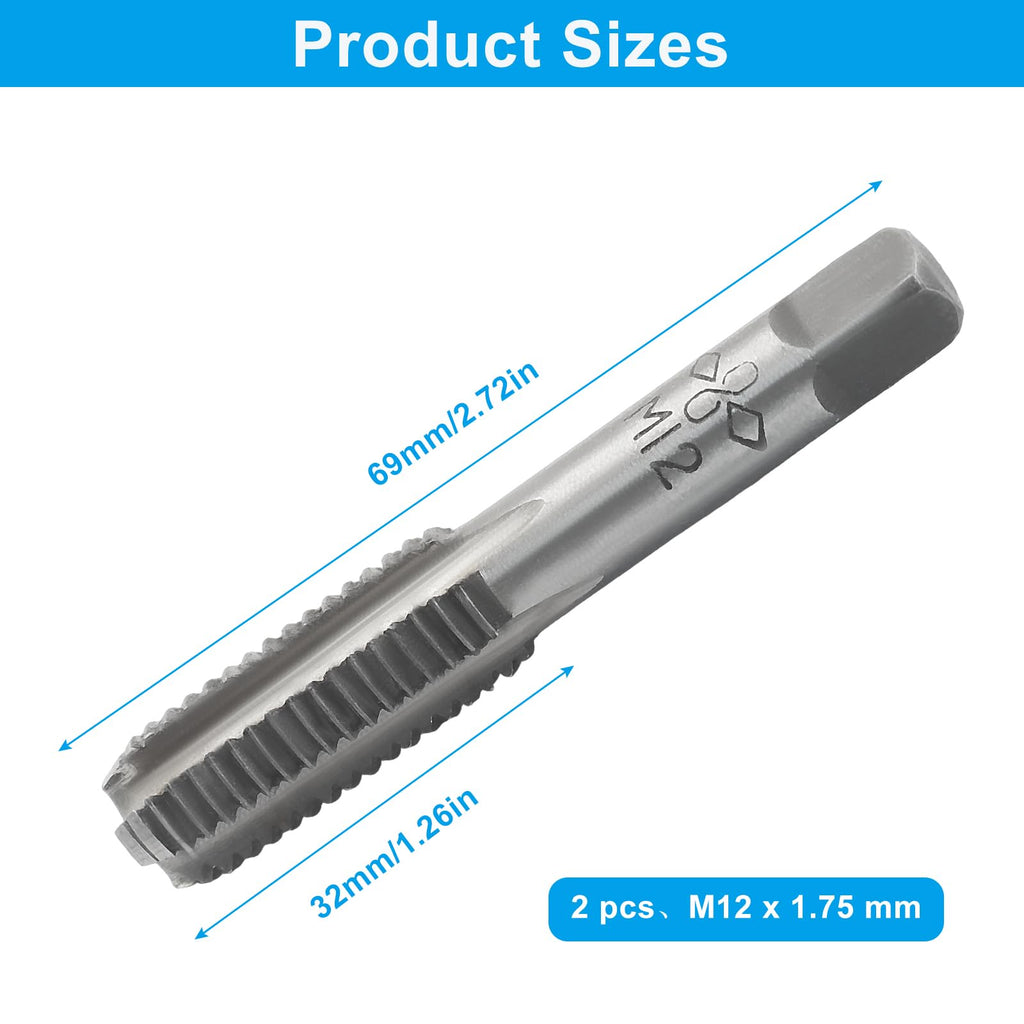 PCASVV 2Pcs HSS M12 x 1.75 Tap & Thread Chaser, Metric Right Hand