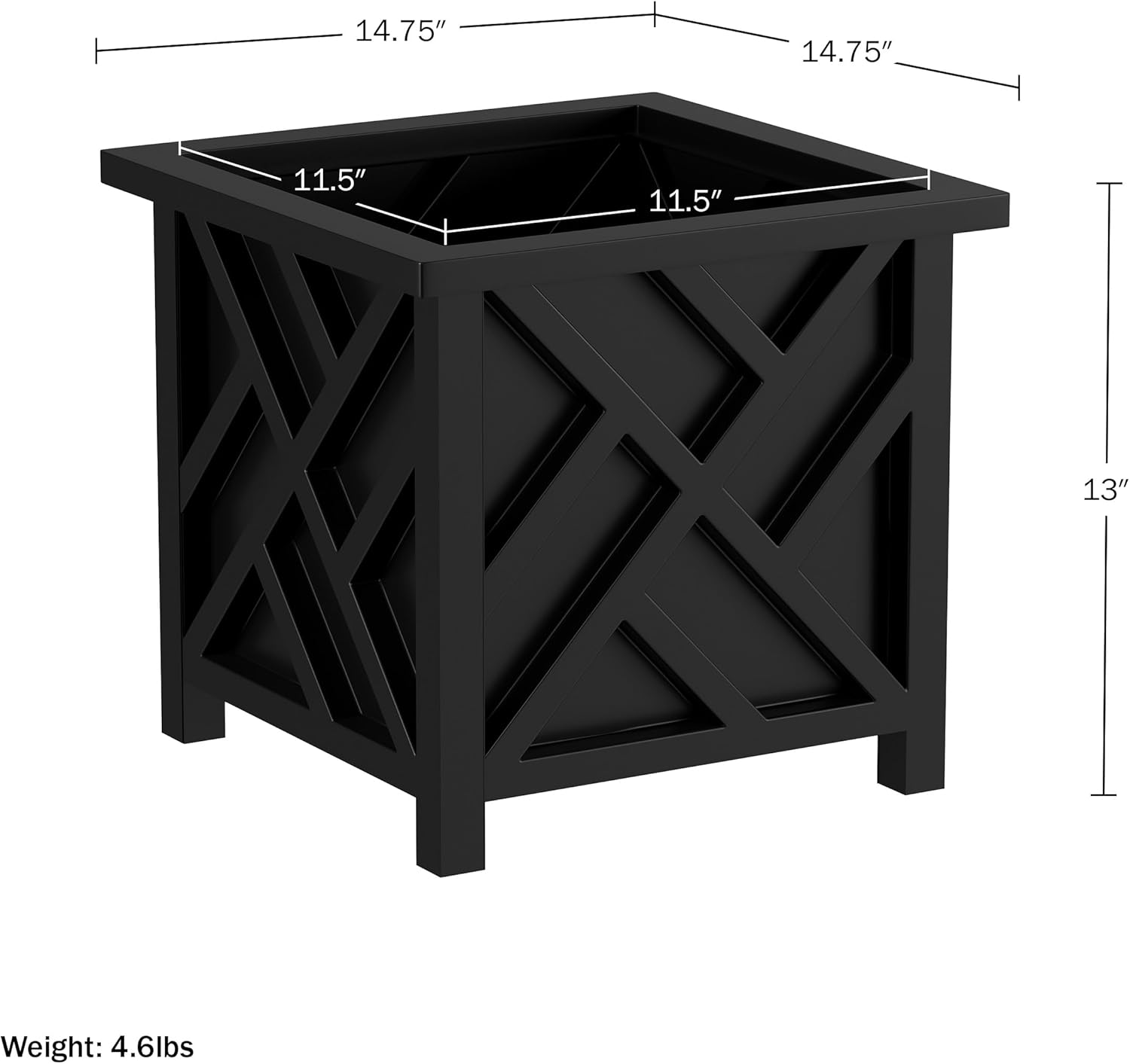 Lattice Design Outdoor Planter Box - 14.75” Square 13” Tall Black Plant Pot - Decorative Plant Pots for Front Porch