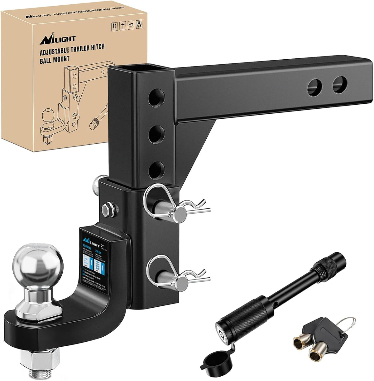 8-Position Adjustable Trailer Hitch Ball Mount with 2 inch Ball Fits 2 Inch Receiver with 5/8" Pin Lock 7500 lbs