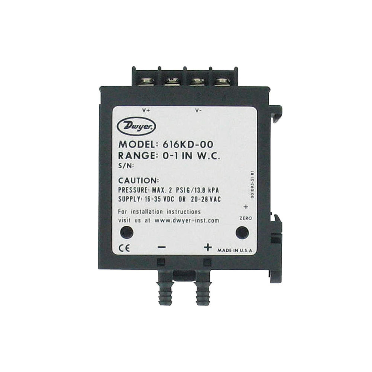 Dwyer Differential Pressure Transmitter, 616KD-01-V, DIN Mount, 0-2" w.c.