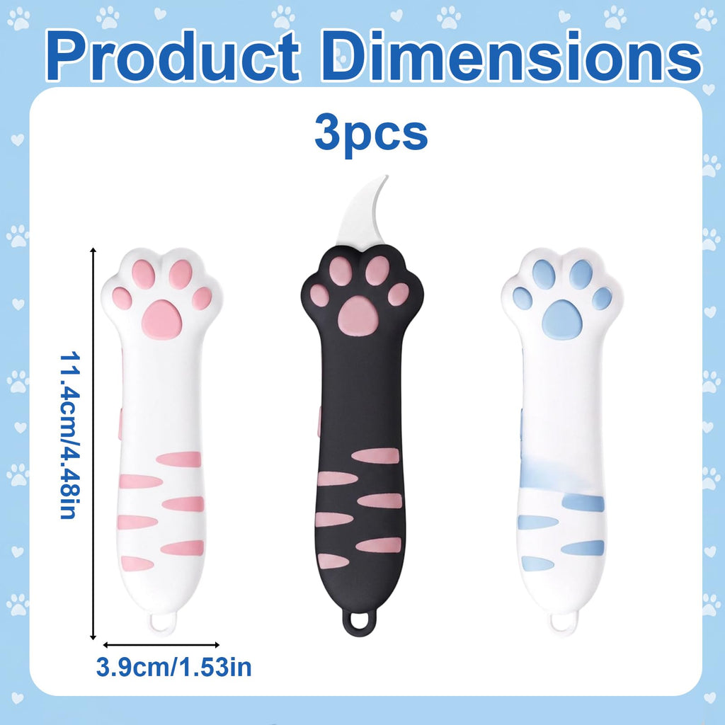 3PCS Cat Paw Box Cutter, Cute Box Cutter for Package Opening and Craft Projects, Retractable Cat Claw Box Cutter, Available in Pink Blue Black Colors