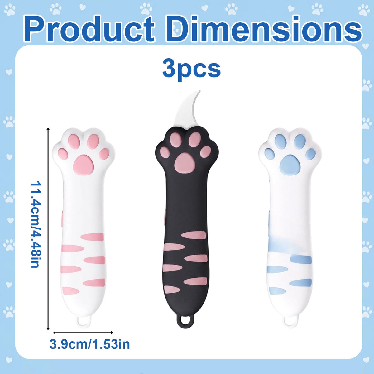 3PCS Cat Paw Box Cutter, Cute Box Cutter for Package Opening and Craft Projects, Retractable Cat Claw Box Cutter, Available in Pink Blue Black Colors