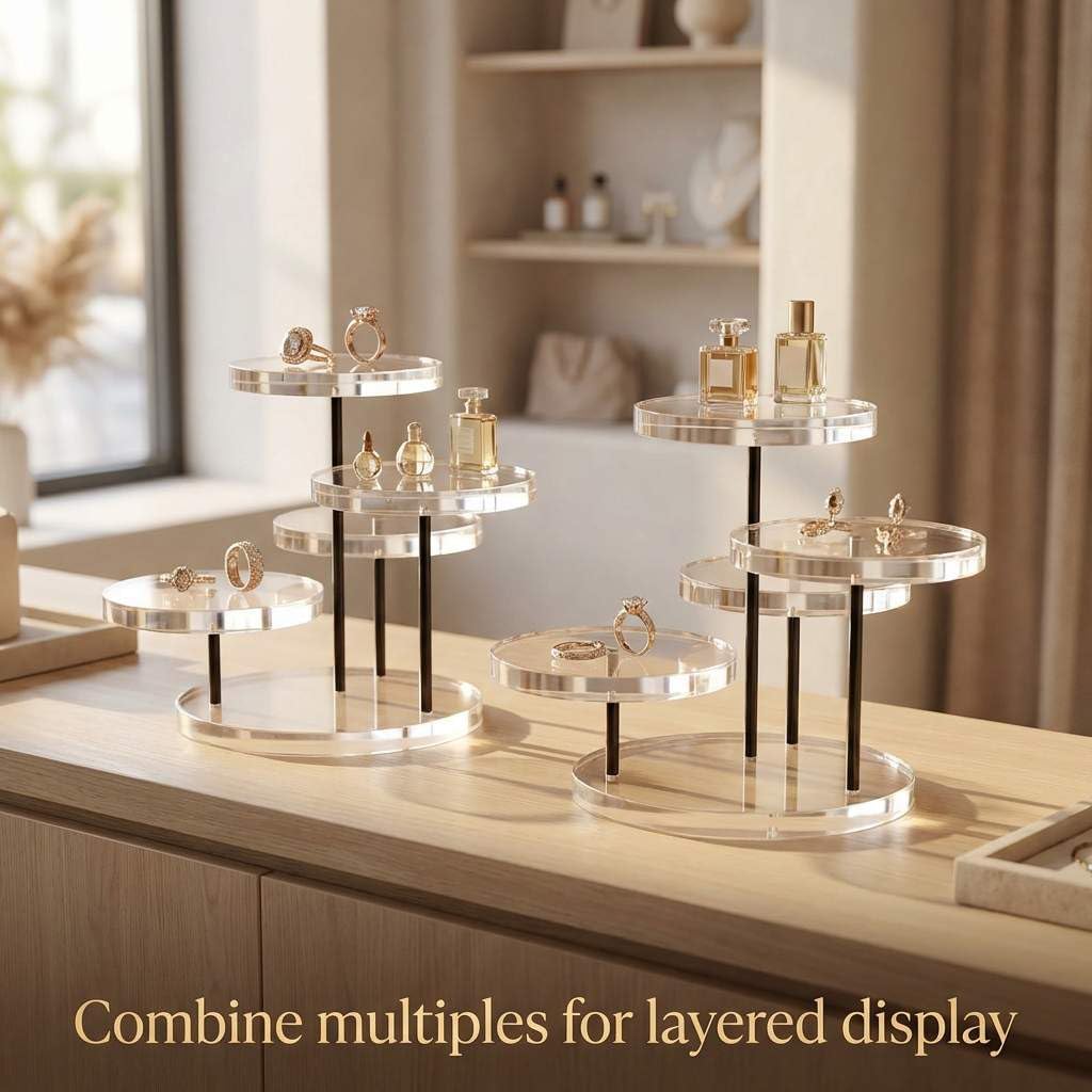 Round Acrylic Products Display Riser Stands, 3 Tier Jewelry Display Stands for Rings Earrings,Mini Figurines, Clear