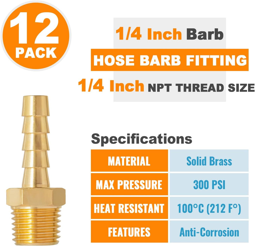 SUNGATOR 12-Pack 1/4" Air Hose Fittings, Brass Hose Barb Fitting, Adapter