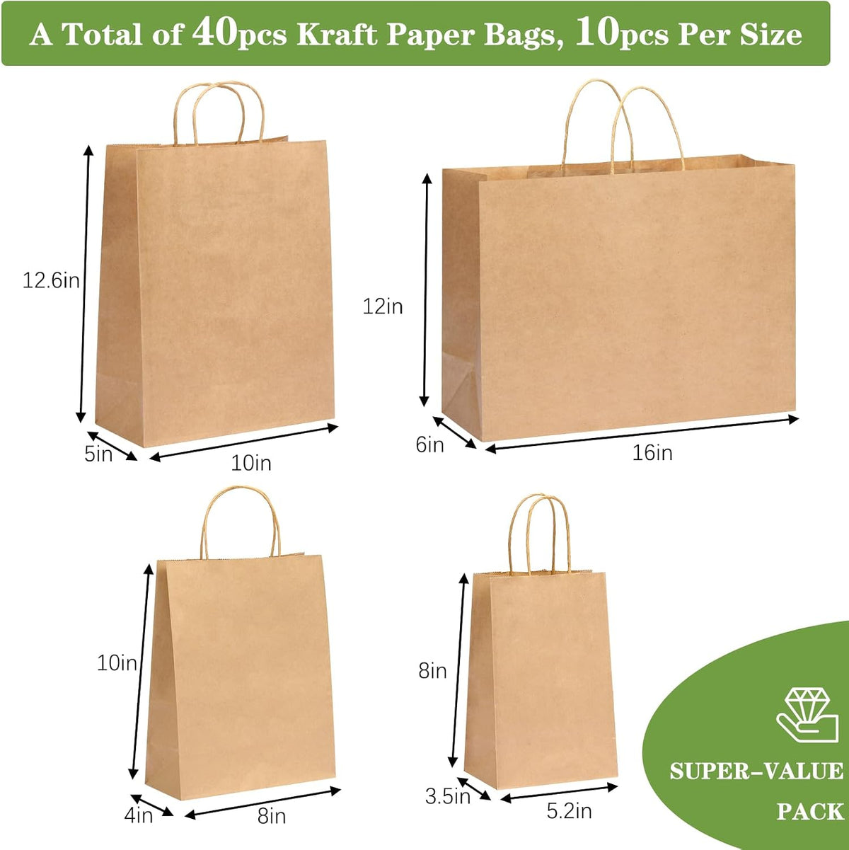 40pcs Paper Bags with Handles Brown Kraft Paper Bags Assorted Sizes