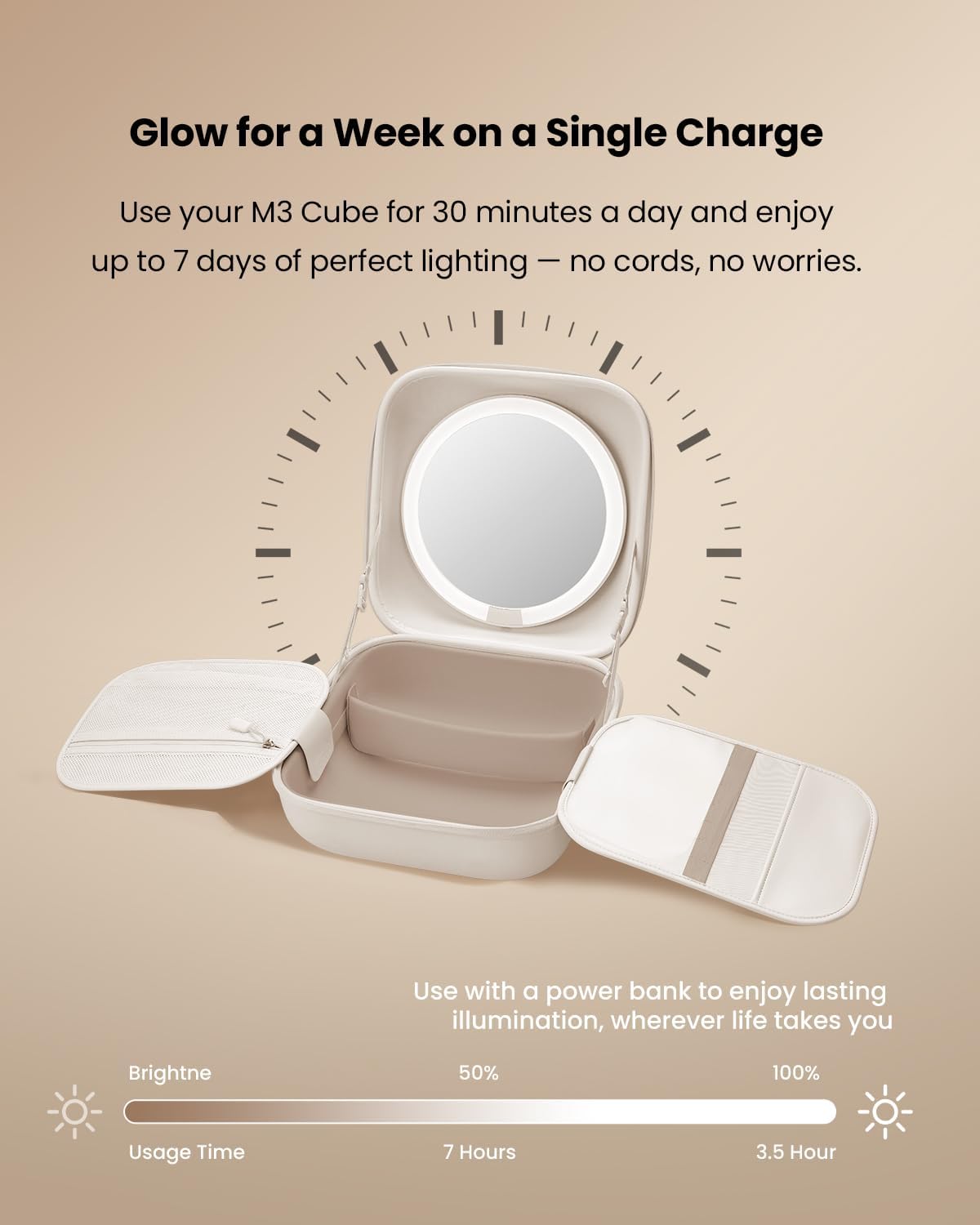 Travel Makeup Bag with Stepless Brightness&3 Color LED Mirror, White