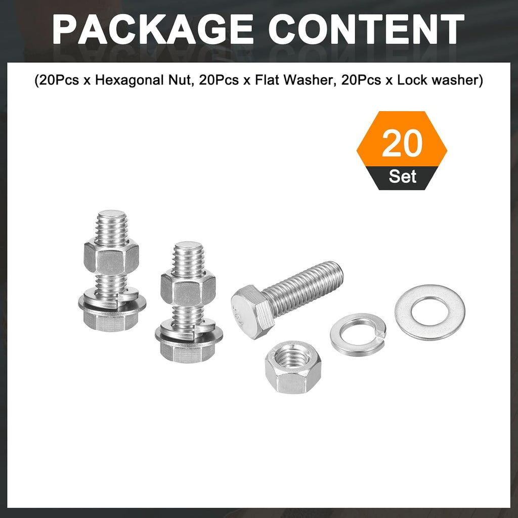 uxcell 20Set Hex Head Screw Bolt, 1/2-13 x 1-1/2" 304 Stainless Steel Fully Threaded Screw Bolt with Nuts, Flat & Lock Washers, Silver