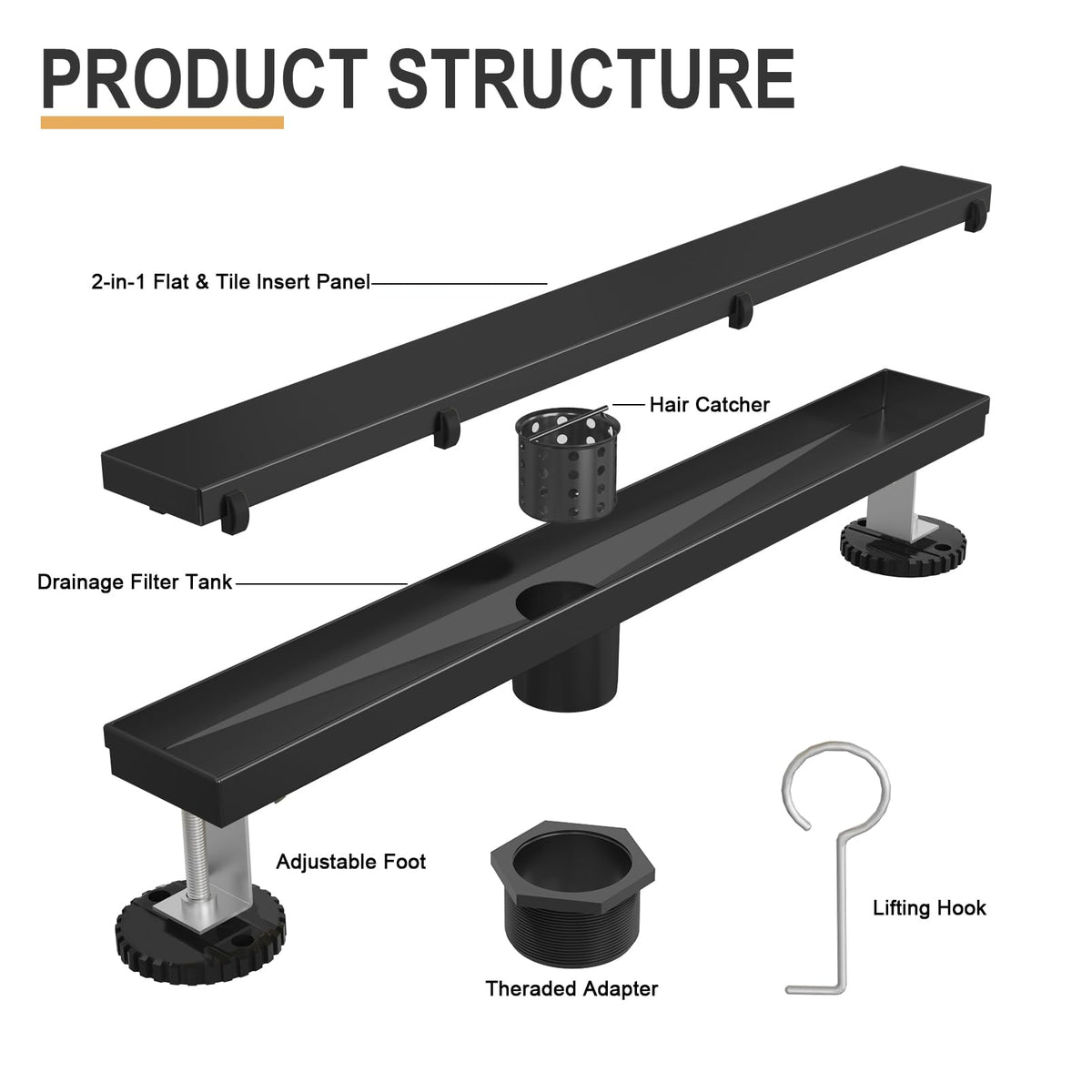 24 Inch Linear Shower Drain, with Tile Insert Grate (Matte Black)