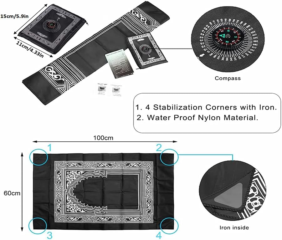 2 Pieces Portable Travel Prayer Mat with Compass, Waterproof Polyester Prayer Rug, Muslim Travel Prayer Mat, for