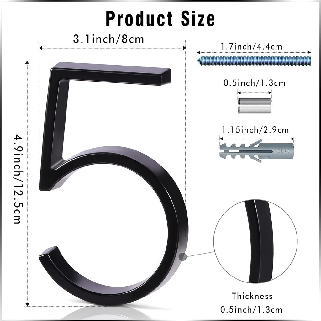 5 Inch Floating House Numbers for Outside, Modern Metal Anti-Rust Address Numbers（5）, Zinc Alloy Black Floating