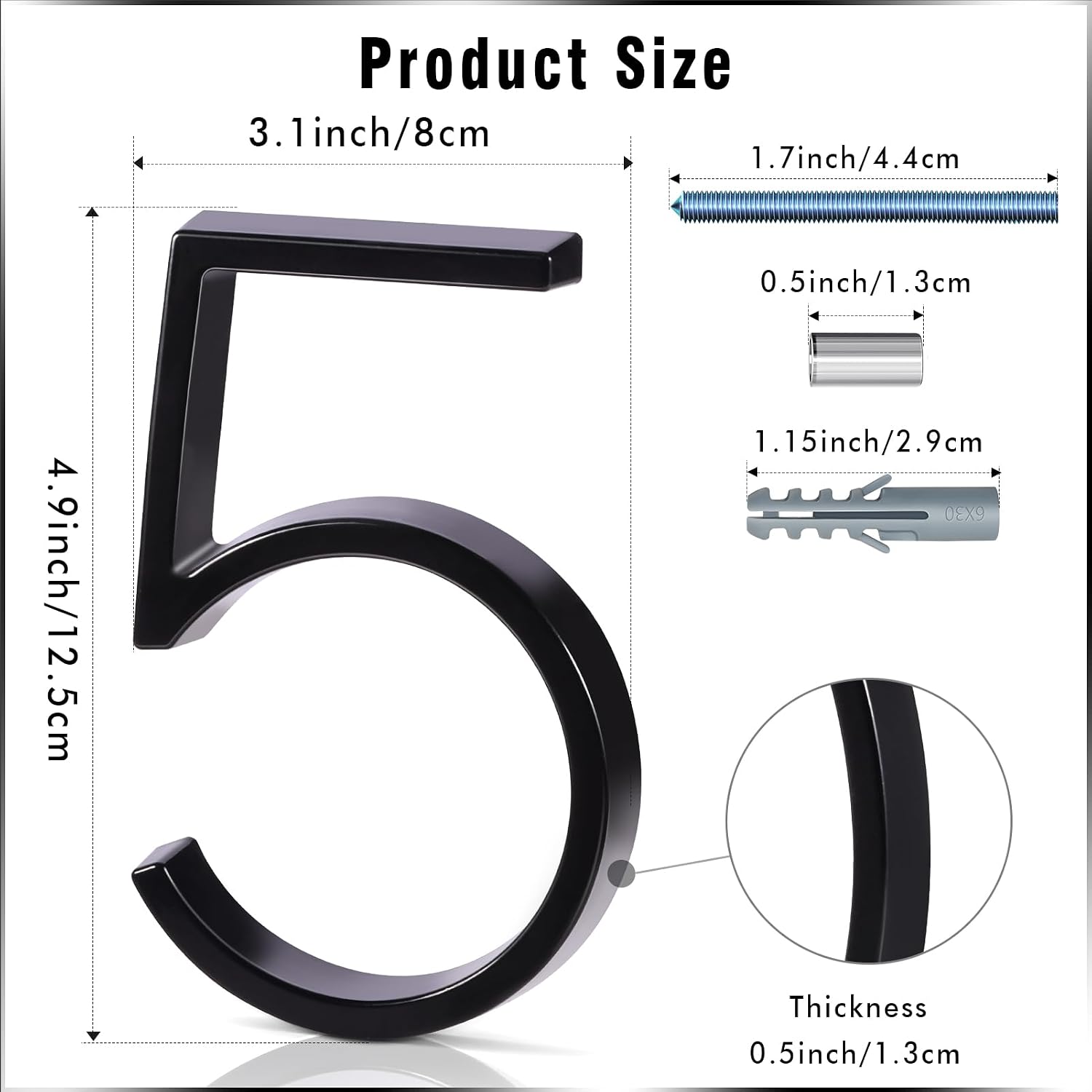 5 Inch Floating House Numbers for Outside, Modern Metal Anti-Rust Address Numbers（5）, Zinc Alloy Black Floating