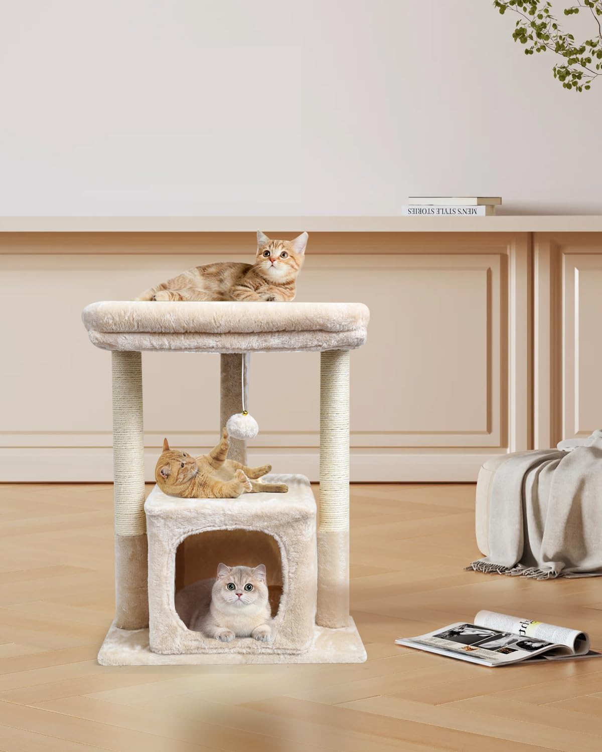 27" Cat Tree for Indoor Cats, Activity Tower with Scratching Posts, Modern Kitten Condo with Plush Perch & Hanging