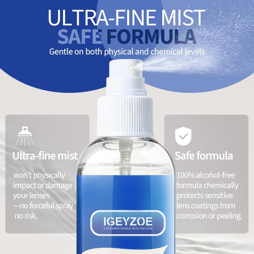 Eyeglass Lens Cleaner Spray Kit - (2x2oz) Glasses Cleaner Bottle + (4X) Microfiber Cloth 6.9"×5.7", Alcohol Free