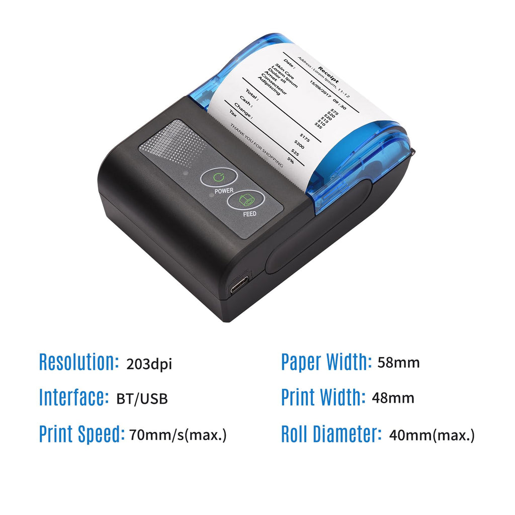 Thermal Printer, Mini Thermal Receipt Printers, Portable USB Receipt Bill Ticket Printer with 58mm Print Paper Roll