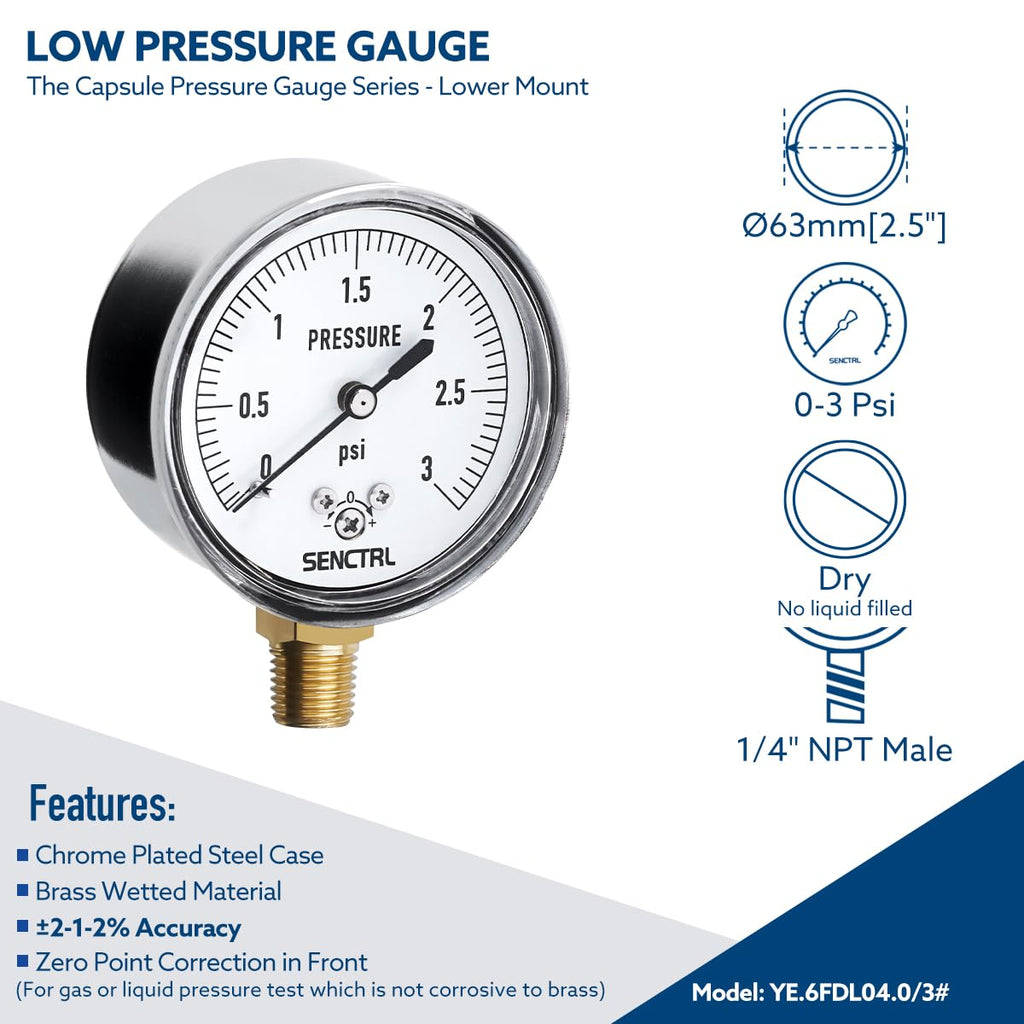 SENCTRL 0-3 Psi Low Pressure Gauge, 1/4" NPT Lower Mount