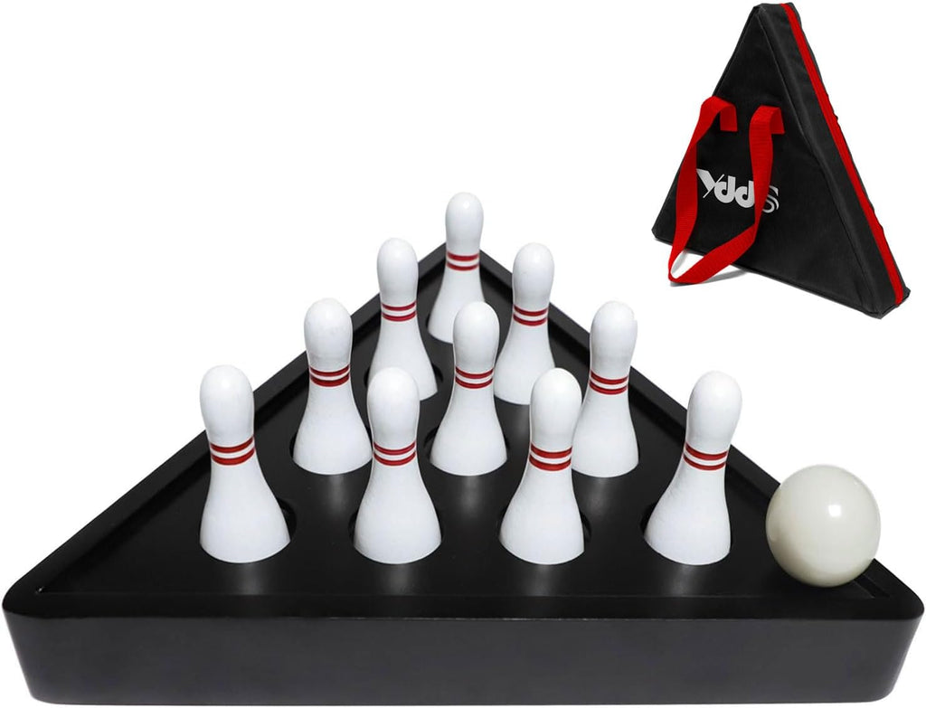 Shuffleboard Bowling Pin Set with 10 Pcs Premium Hardwood Bowling Pins Durabel Triangular Pinsetter Resin Bowling