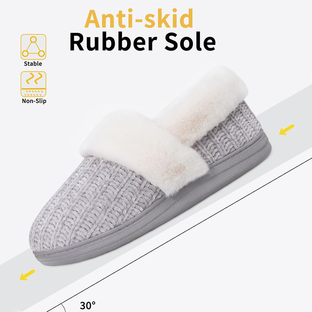 Fuzzy Memory Foam Slippers for Women Closed Back Knit House Shoes | Soft Faux Lamb Wool Lining, Non-Slip Rubber Sole