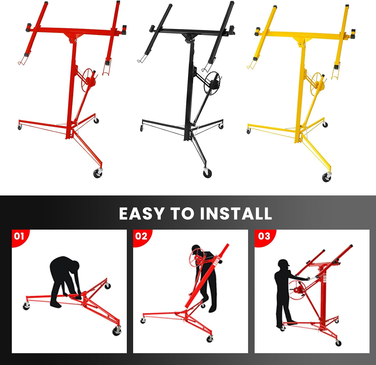 11FT Drywall Lift Panel Hoist Dry Wall Rolling Caster Lifter Lifter Construction Tool Adjustable Telescopic Arm 150LB