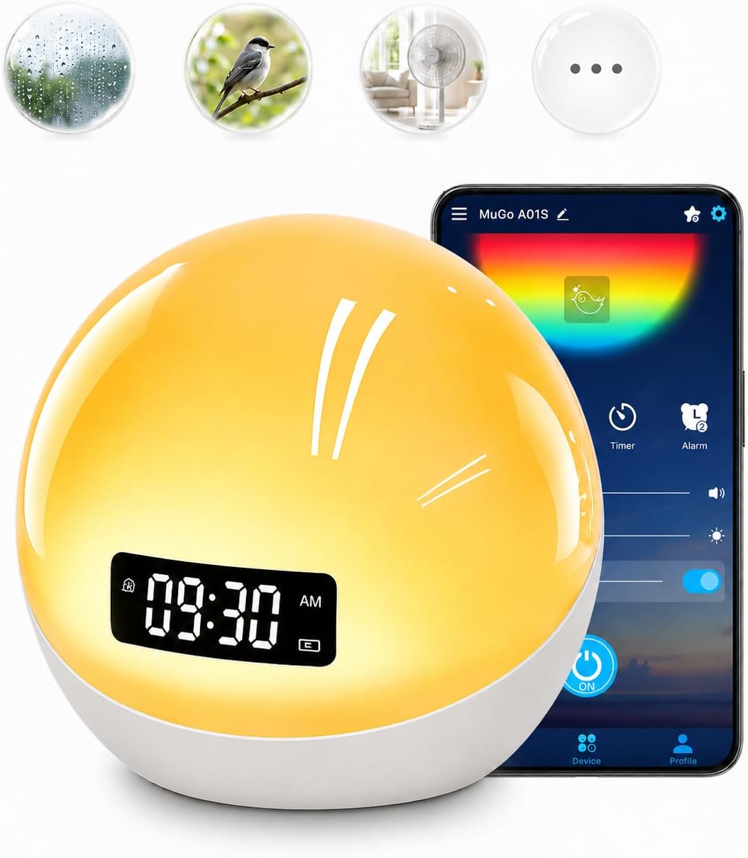 White Noise Sound Machine with Sunrise Alarm Clock for Kids Baby Shusher | 44 Non-Looping Soothing Sounds, 10-Color
