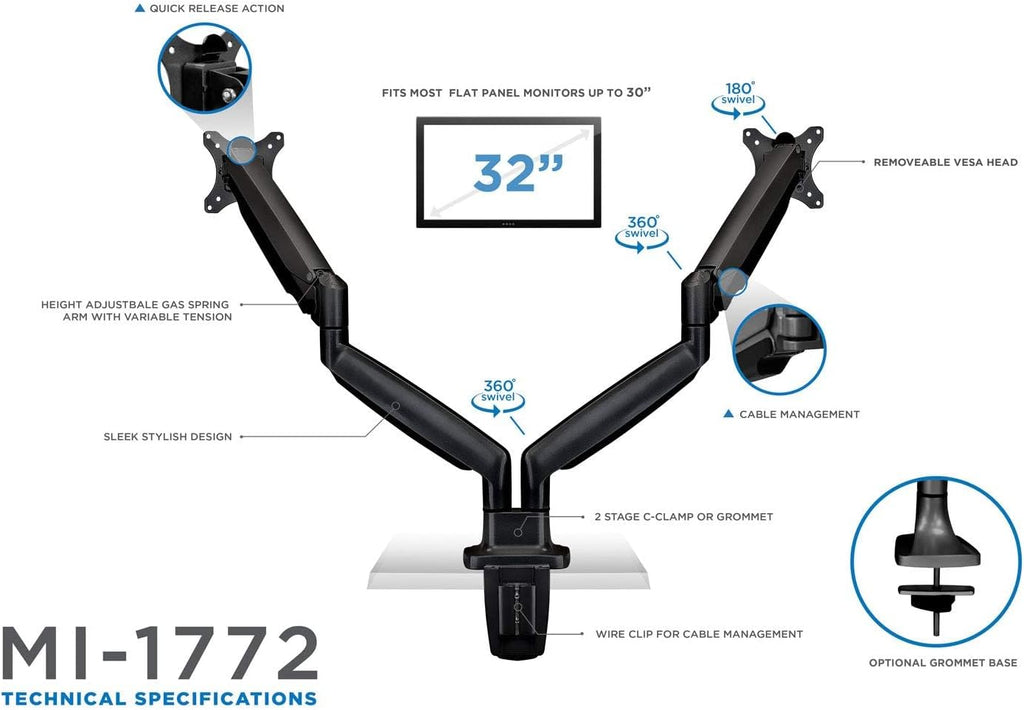 Dual Monitor Arm Mount | Desk Stand | Two Articulating Gas Spring Height Adjustable Arms | Fits 2 x 24 27 29 30 32