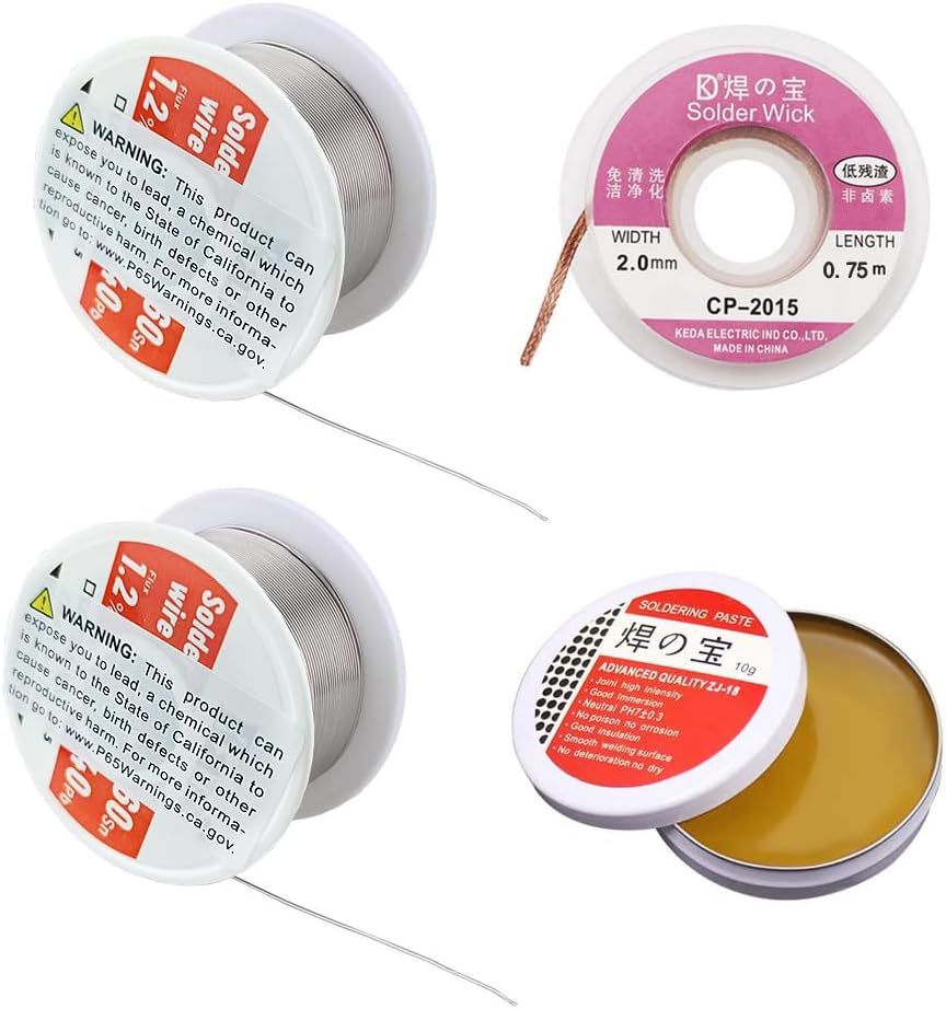 Soldering Tool Kit, 2 Pack of 0.6mm Solder Wire (1.76oz / 50g) + Rosin Flux Paste (0.35oz / 10g) + No-Clean Soldering