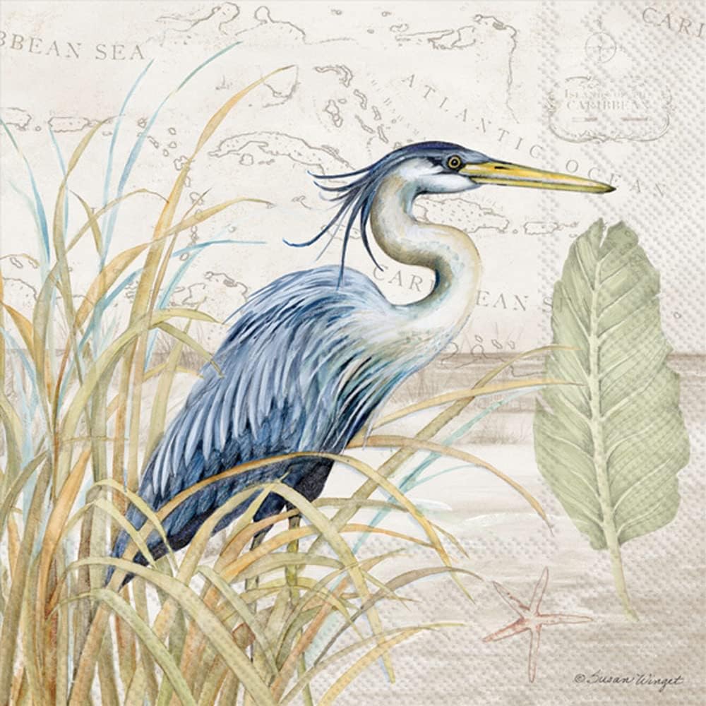 IHR Paper Napkins 3-Ply 20-Count, 5" x 5", Blue Heron On Grass