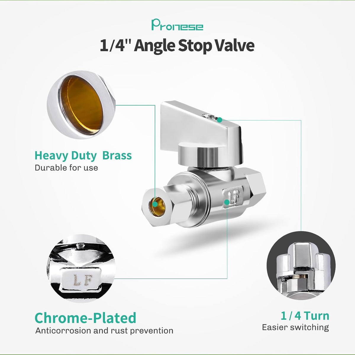 2 Pack Premium Brass 1/4" Compression x 1/4" Compression Angle Valve Quarter Turn Water Straight Angle Valve